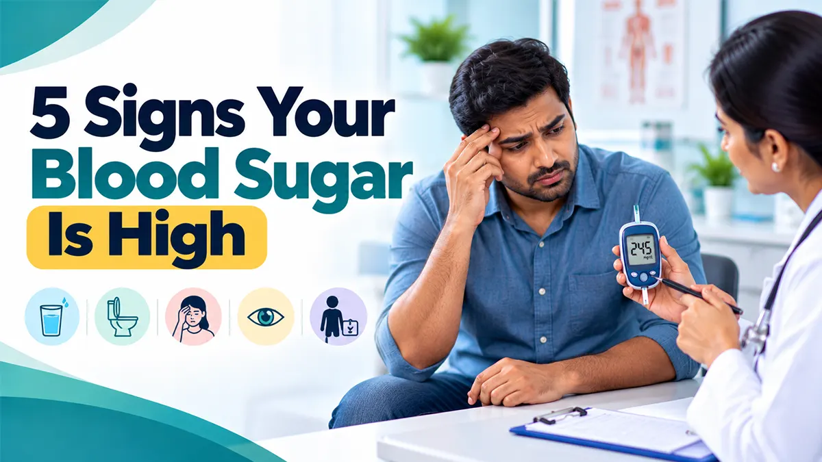 Five possible warning signs of high blood sugar shown with a patient and clinician reviewing a glucose meter