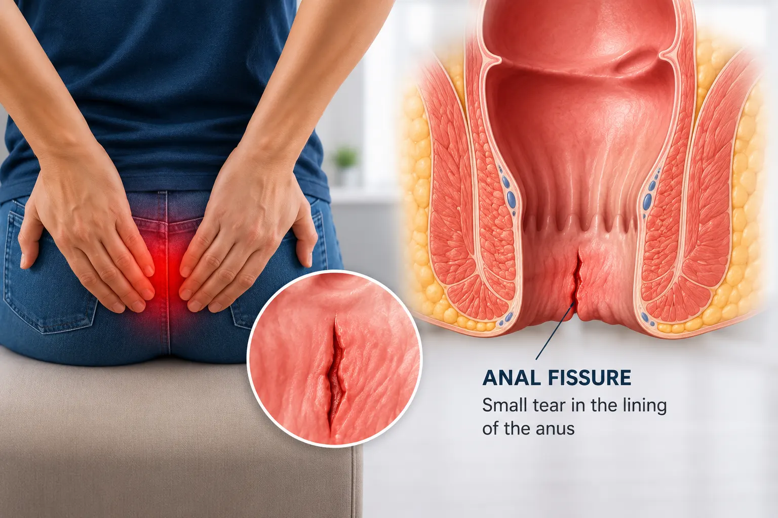 Anal fissure treatment in Hyderabad showing anal fissure symptoms and affected area