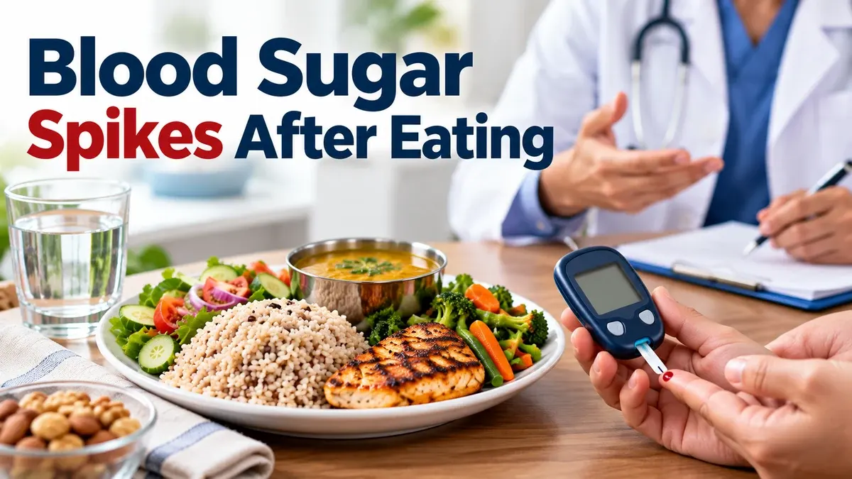 Blood sugar spikes after eating showing a balanced meal and glucose monitoring