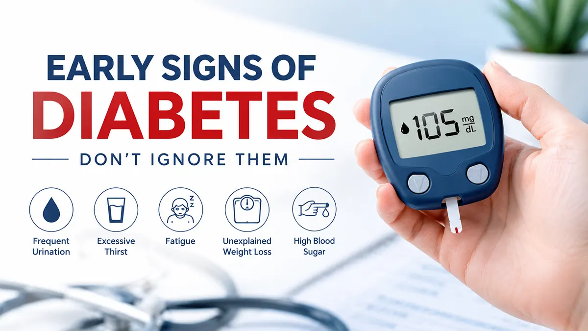 Early signs and symptoms of diabetes including frequent urination, excessive thirst, fatigue, unexplained weight loss, and high blood sugar shown with a glucose monitoring device