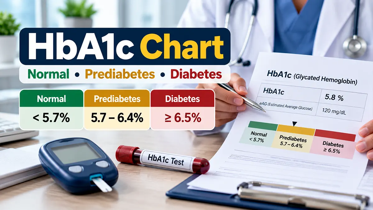 HbA1c chart showing normal, prediabetes and diabetes levels
