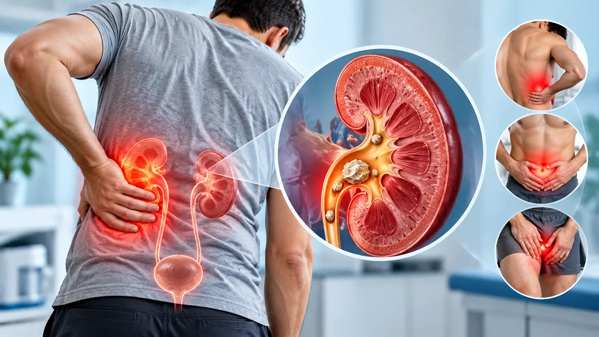 Kidney stone pain location showing flank, back, abdomen and groin pain