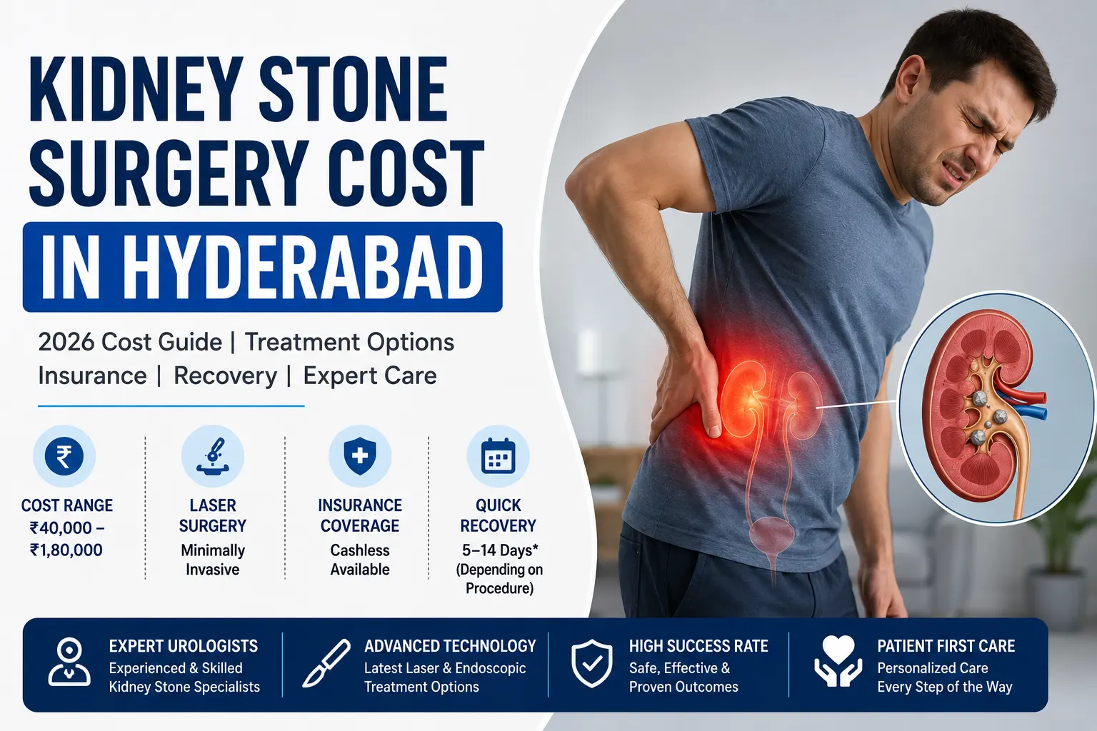 Kidney stone surgery cost in Hyderabad 2026 showing a patient with kidney pain and advanced laser kidney stone treatment options