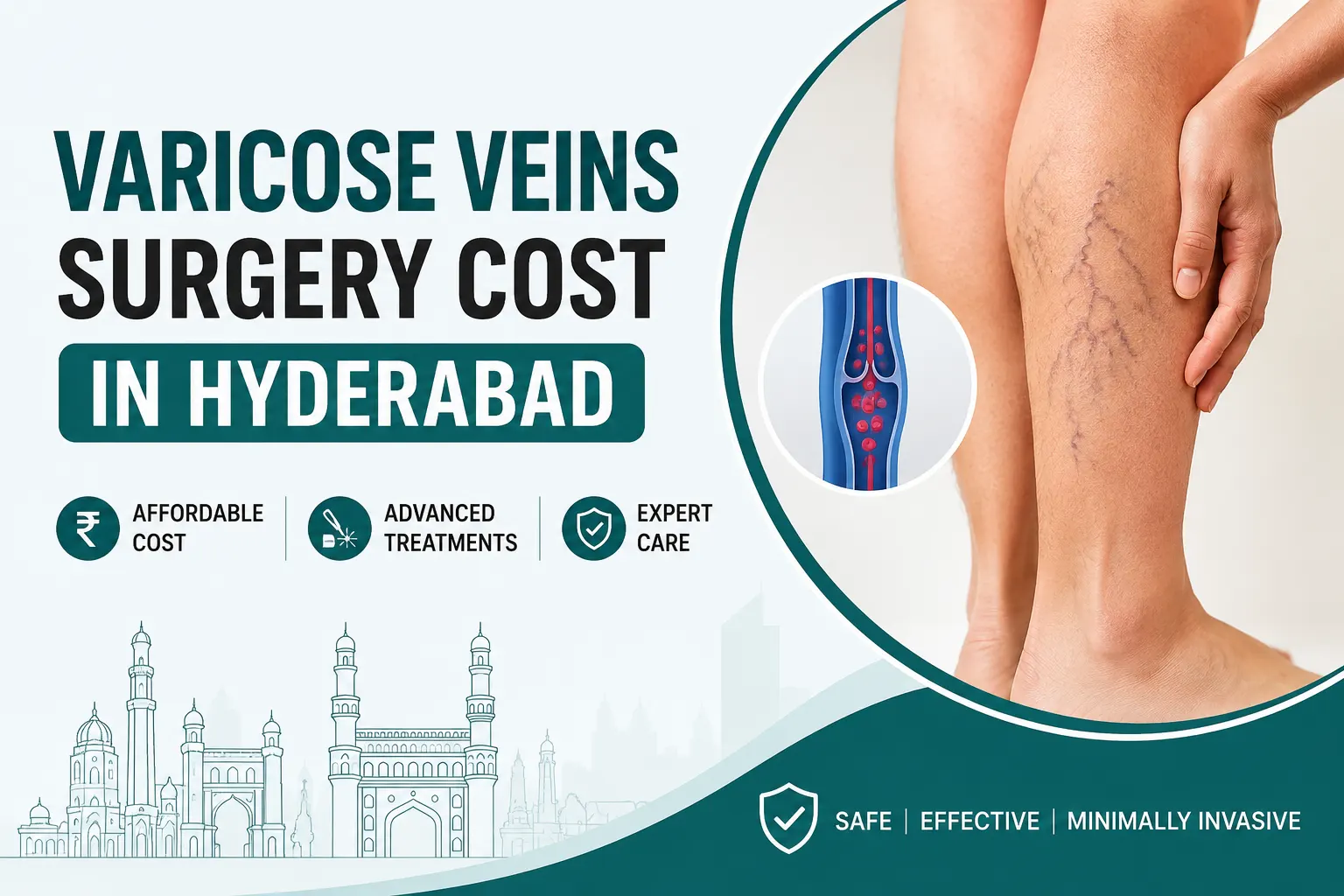 Varicose veins surgery cost in Hyderabad showing leg varicose veins, vascular treatment options, and minimally invasive vein procedures